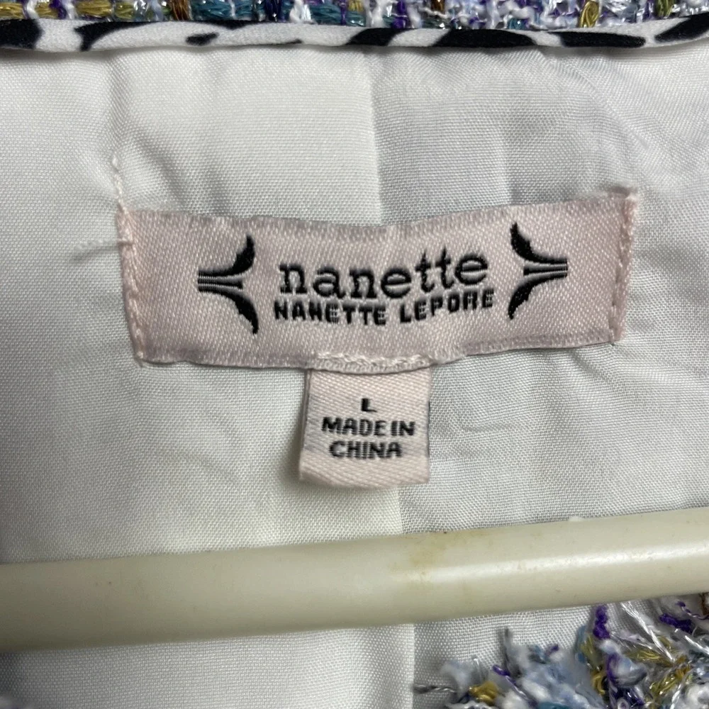 Nanette Lepore Nora‎ Boucle Jacket Womens L Blue Metallic Tweed Pearl Buttons - Picture 5 of 11